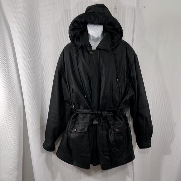 PRESTIGE LEATHER! BLACK GENUINE LEATHER BELTED WAIST HOODIE COAT, JACKET! SZ 2XL - Picture 4 of 15
